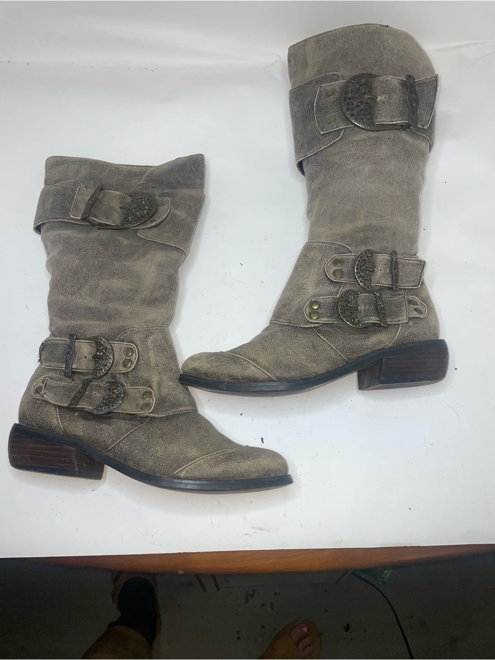 Two Lips Distressed Grey Suede feel 14” tall Buckle Boots - Picture 6 of 8